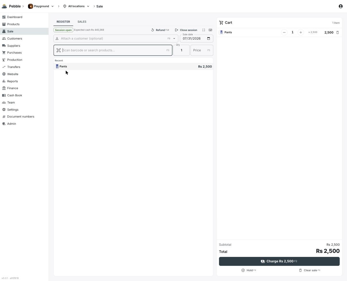 Pebble web portal POS register with an item in the cart, session cash tracking, and charge/hold actions
